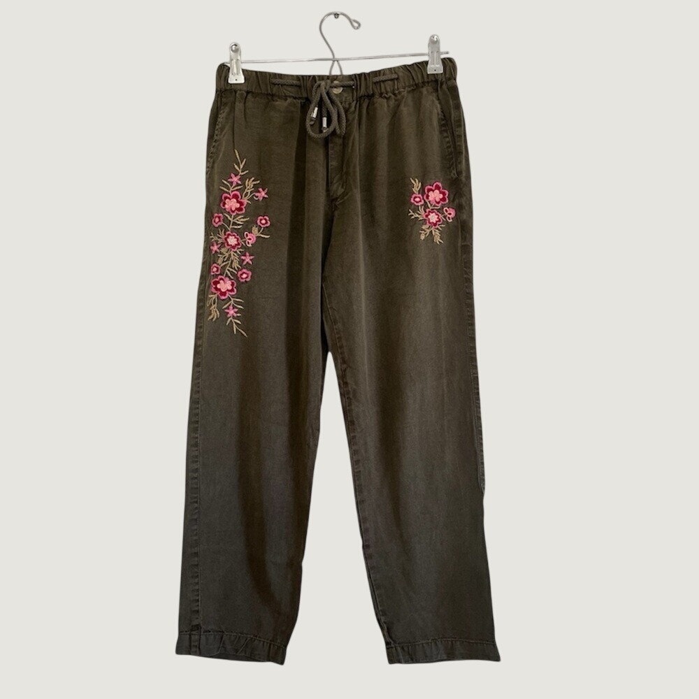 Natural Impressions Olive Green Floral Embroidered Lyocell Drawstring Pants M